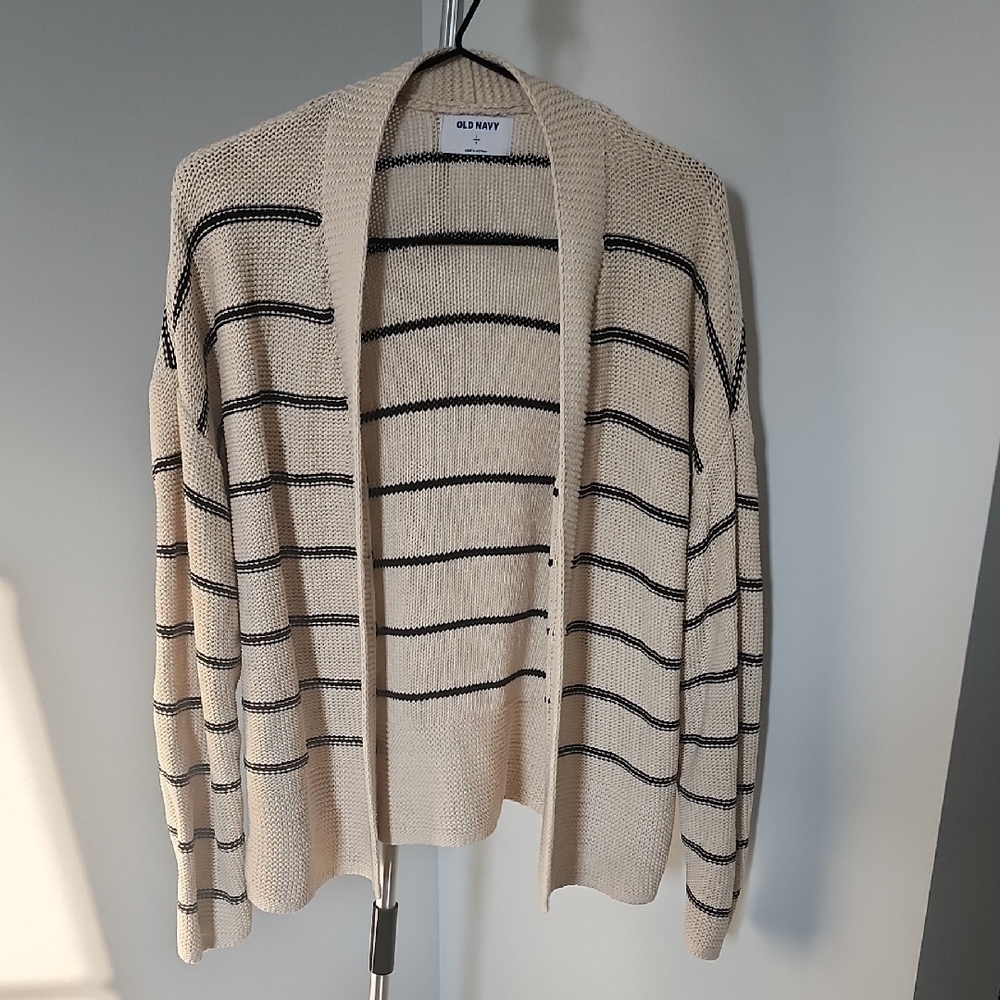 Old Navy Women's Beige and Navy Striped Cardigan